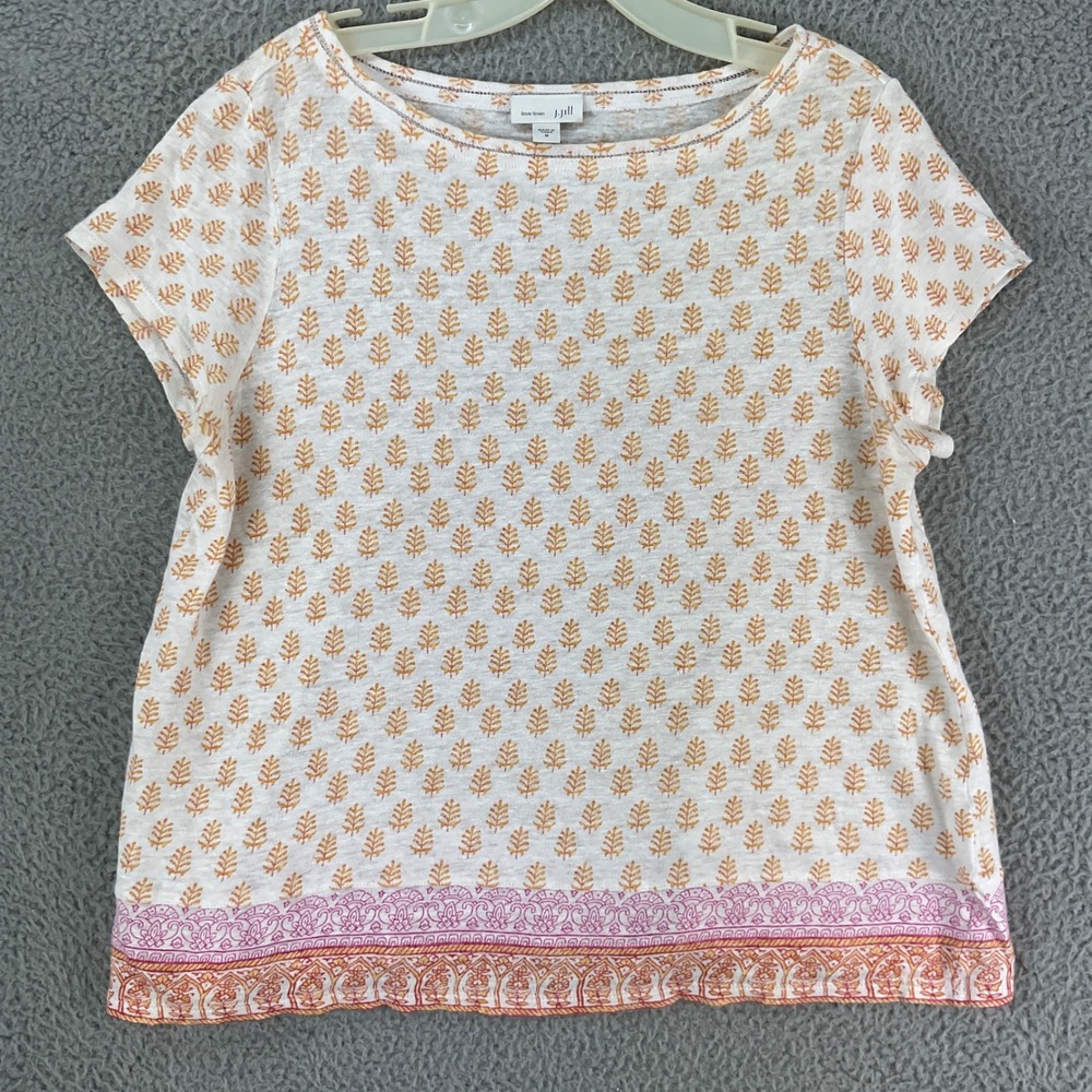 J. Jill Love Linen Top Womens M‎ White Orange Leaf Print Boat Neck Excellent Cap